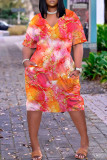 Mehrfarbiges, lässiges, bedrucktes Patchwork-Basic-Kleid mit V-Ausschnitt und kurzen Ärmeln