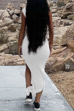Vestidos largos con cuello oblicuo y pliegues con abertura alta de patchwork liso blanco blanco