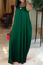 Ink Green Sweet Solid Patchwork Fold Halter Long Loose Maxi Dresses