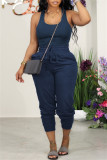Navy Blue Sexy Casual Solid Basic U Neck Sleeveless Two Pieces Tank Tops And Pants Set