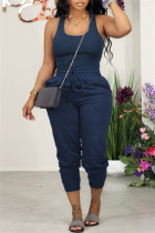 Navy Blue Sexy Casual Solid Basic U Neck Sleeveless Two Pieces