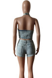 Light Blue Street Solid Ripped Patchwork Pocket Buckle Zipper V Neck Sleeveless Two Pieces Denim Halter Crop Tops And Shorts Set