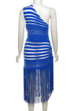 Blue Elegant Solid Tassel Patchwork See-through Oblique Collar Irregular Dresses