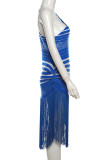 ブルーのエレガントなソリッドタッセルパッチワークシースルー斜め襟不規則なドレス
