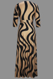 Donkerbruine elegante print bandage patchwork V-hals bedrukte jurken