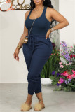 Navy Blue Sexy Casual Solid Basic U Neck Sleeveless Two Pieces