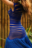 ブルーのエレガントなソリッドタッセルパッチワークシースルー斜め襟不規則なドレス
