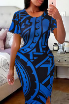 Blauwe elegante print patchwork split O hals lange jurken