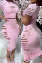 Pink Casual Solid Ripped O Neck Kurzarm Zweiteiler