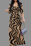 Donkerbruine elegante print bandage patchwork V-hals bedrukte jurken