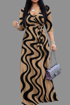 ブラウンのエレガントなプリント包帯パッチワーク V ネック プリント ドレス