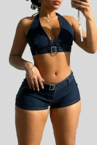 Deep Blue Sexy Solid Patchwork Zipper V Neck Sleeveless Two Pieces Denim Crop Top And Shorts Set