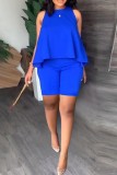 Royal Blue Casual Solid Patchwork O Neck Plus Size Two Pieces