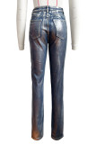 Jean skinny argenté décontracté avec poches en patchwork uni et fermeture éclair à taille moyenne