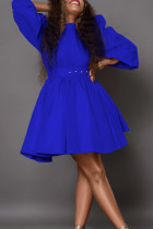 Синие элегантные однотонные лоскутные платья с поясом и круглым вырезом