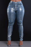 Jeans skinny in denim skinny a vita media con bottoni con tasca patchwork tinta unita casual argento