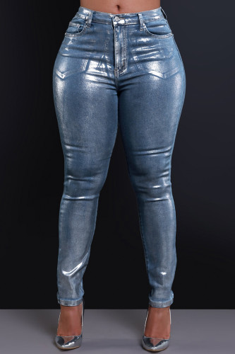 Jean skinny argenté décontracté avec poches en patchwork uni et fermeture éclair à taille moyenne