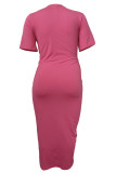 ローズレッドのエレガントなプリントパッチワーク折りOネック不規則なプラスサイズのドレス
