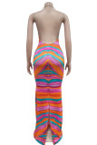 Gele elegante print uitgeholde patchwork rugloze split-asymmetrische kraag bedrukte jurken