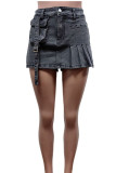 Dunkelgraue, einfarbige Street-Patchwork-Jeansshorts mit Taschen, Knöpfen, Faltenreißverschluss und hoher Taille