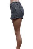 Short en jean gris foncé avec poches en patchwork uni et fermeture éclair pliable, taille haute, taille haute