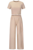 Khaki Casual Solid Patchwork O Neck Short Sleeve Two Pieces Crop Tops Wide Leg Pants Sets