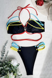 Black Sportswear Bandage Hollowed Out Patchwork Swimwears(With Paddings)