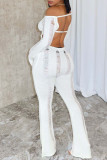 White Street Solid Ripped Patchwork Backless Off the Shoulder Regular Jumpsuits