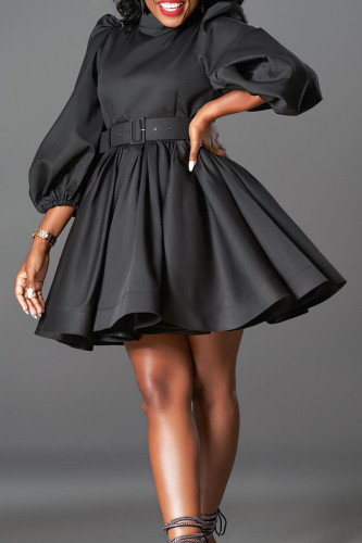 Черные элегантные однотонные лоскутные платья с поясом и круглым вырезом