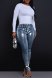 Silberfarbene, lässige, solide Patchwork-Jeans mit Taschenknöpfen, Reißverschluss und mittlerer Taille