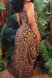 Bruine sexy luipaardpatchwork rugloze spaghettibandjes bedrukte jurken