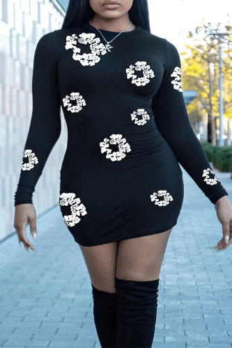 Black Elegant Print Patchwork O Neck Wrapped Skirt Plus Size Dresses