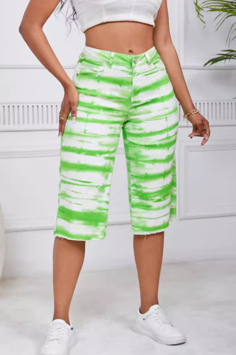 Grüne, lässige, bedruckte, Patchwork-Taschenknöpfe, Reißverschluss, mittlere Taille, gerade Denim-Shorts