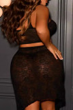 Black Elegant Solid Lace Bandage Hollowed Out Patchwork See-through High Opening Spaghetti Strap Plus Size Two Pieces