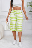 Groene casual print patchwork zakknopen rits midden taille rechte denim shorts
