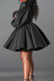 Black Elegant Solid Patchwork With Belt O Neck A Line Dresses