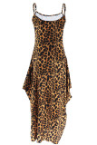 Brown Sexy Leopard Patchwork Backless Spaghetti Strap Printed Dresses