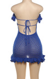 Синие сексуальные однотонные бандажные лоскутные платья с открытой спиной и без бретелек с запахом и юбкой
