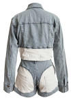White Street Patchwork Pocket Buckle Turndown Collar Long Sleeve Two Pieces Denim Cropped Jackets And Shorts Set