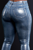Jeans skinny in denim skinny a vita media con bottoni con tasca patchwork tinta unita casual argento