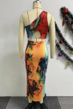 Multicolor Elegant Print Patchwork Backless Oblique Collar Sleeveless Two Pieces