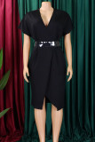 ブラック エレガント ソリッド パッチワーク スリット ジッパー V ネック ペンシル スカート プラス サイズ ドレス