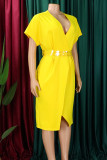 Amarelo elegante sólido patchwork fenda zíper decote em V saia lápis vestidos plus size