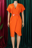 Tangerine Vermelho Elegante Sólido Patchwork Fenda Zipper V Neck Saia Lápis Plus Size Vestidos