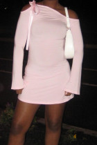 Pink Street – robe à bandes solides, ajourée, Patchwork, col Oblique, jupe enveloppée