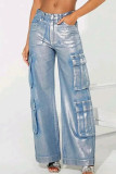 Silver Street Solid Patchwork Pocket Buttons Zipper Low Waist Straight Wide Leg Cargo Denim Jeans