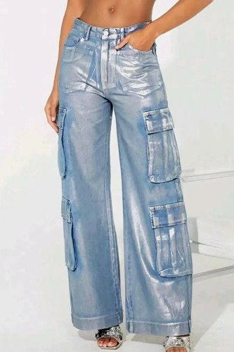 Jeans in denim dritto a vita bassa con bottoni con tasca patchwork tinta unita color argento