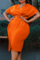 Tangerine Red Elegant Solid Patchwork Slit Zipper V Neck Pencil Skirt Plus Size Dresses