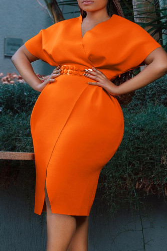 Tangerine Vermelho Elegante Sólido Patchwork Fenda Zipper V Neck Saia Lápis Plus Size Vestidos