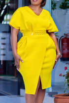黄色のエレガントな固体パッチワーク スリット ジッパー V ネック ペンシル スカート プラス サイズ ドレス